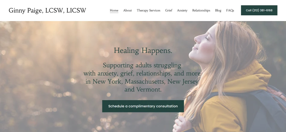 Great Therapist Website Examples 2026 Ginny Paige, LCSW, LICSW Website Homepage Hero Section | psychotherapist website design
